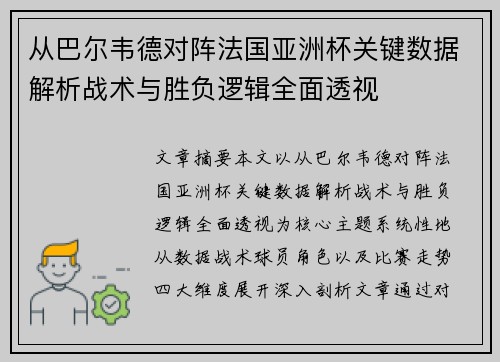 从巴尔韦德对阵法国亚洲杯关键数据解析战术与胜负逻辑全面透视